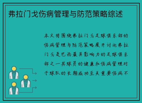 弗拉门戈伤病管理与防范策略综述