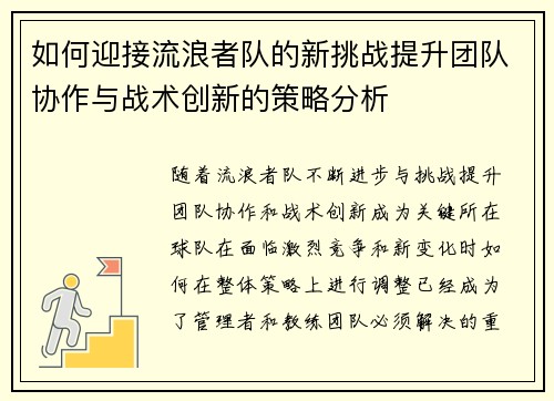 如何迎接流浪者队的新挑战提升团队协作与战术创新的策略分析